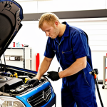 **Image Prompt:** A certified car mechanic skillfully using diagnostic tools to troubleshoot a modern car engine in a bright, well-equipped Swedish auto repair shop. Focus on capturing the precision and expertise of the mechanic, emphasizing modern technology like computer diagnostics. The setting should feel professional and contemporary, reflecting the evolving automotive industry in Sweden.