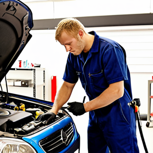 **Image Prompt:** A certified car mechanic skillfully using diagnostic tools to troubleshoot a modern car engine in a bright, well-equipped Swedish auto repair shop. Focus on capturing the precision and expertise of the mechanic, emphasizing modern technology like computer diagnostics. The setting should feel professional and contemporary, reflecting the evolving automotive industry in Sweden.