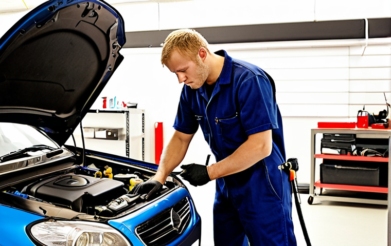 **Image Prompt:** A certified car mechanic skillfully using diagnostic tools to troubleshoot a modern car engine in a bright, well-equipped Swedish auto repair shop. Focus on capturing the precision and expertise of the mechanic, emphasizing modern technology like computer diagnostics. The setting should feel professional and contemporary, reflecting the evolving automotive industry in Sweden.